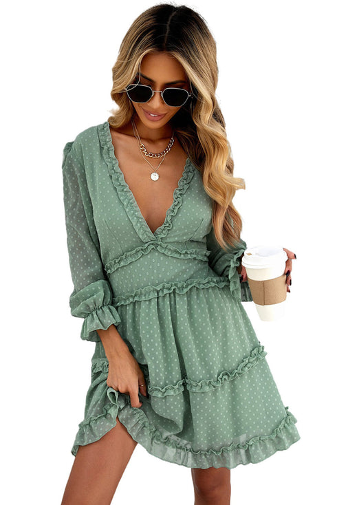 Layered Ruffled Open Back Puff Sleeve Swiss Dot Mini Dress